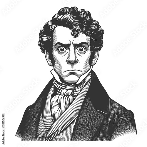 Funny serious Victorian man with wide eyes and curly hair in classic formal clothing sketch engraving generative ai fictional character vector illustration. Scratch board. Black and white image.