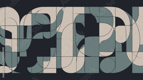 Abstract shapes interweave creating pattern block colored design on black background.