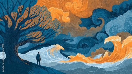 Journey from trauma to healing through struggle and resilience in a symbolic landscape of nature's fury and calm