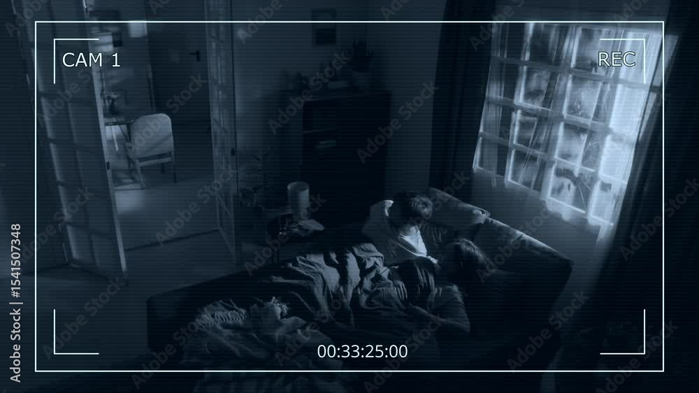 Security camera footage of man and woman sleeping in bed when doors opening and furniture start moving on its own frightening couple by paranormal phenomena in apartment at night