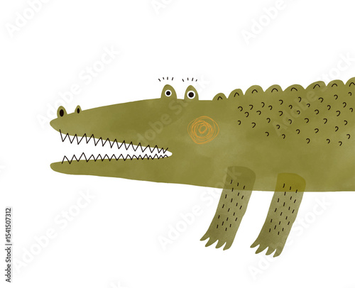 Illustration Of Happy Green Alligator. Cute Funny Hand Drawn Crocodile on a White Background. Nursery Vector Art With Childish Drawing-like Portrait Of Happy Croc With Big Teeth. 