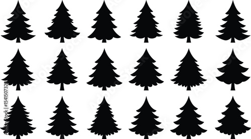 Pine tree silhouettes, coniferous forest collection, evergreen tree shapes, black vector artwork, nature illustration set, botanical graphic elements, Christmas tree icons, isolated design pattern