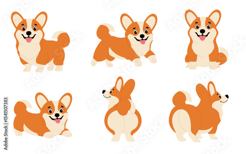 Corgi dogs set. Cute corgis in different poses. Corgi sitting, running, standing. Cute animals.