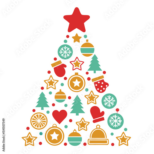 Festive christmas tree ornament illustration composed of holiday icons for seasonal designs