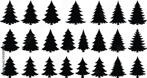 Pine tree silhouettes, coniferous forest collection, evergreen tree shapes, black vector artwork, nature illustration set, botanical graphic elements, Christmas tree icons, isolated design pattern