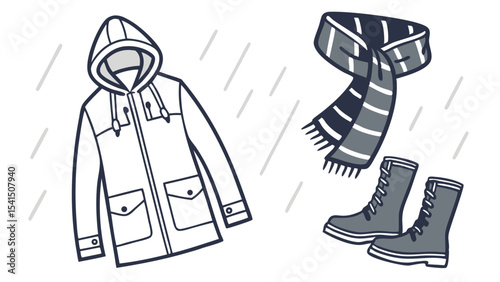Illustration of a raincoat with hood, striped scarf, and a pair of boots in the rain on a white background
