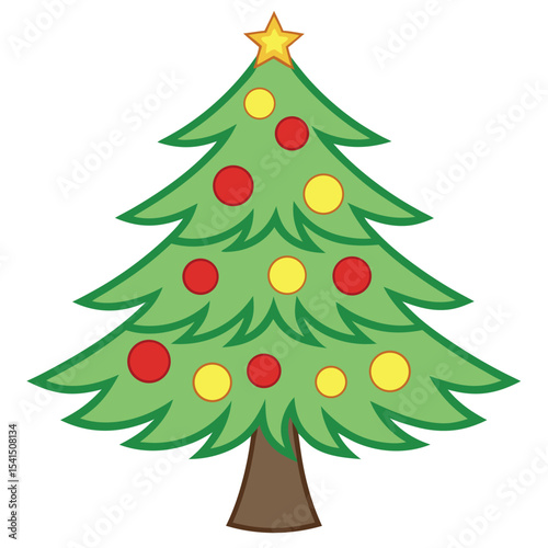 Festive decorated cartoon christmas tree with ornaments and a golden star at the top