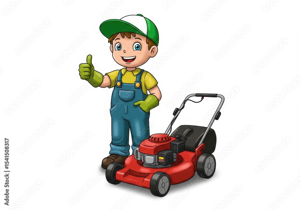 Cartoon boy with lawnmower giving thumbs up on white background Cartoon boy with lawnmower giving thumbs up on white background