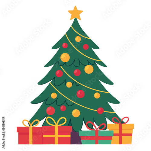 Festive illustration of a decorated christmas tree with holiday gifts underneath in flat design