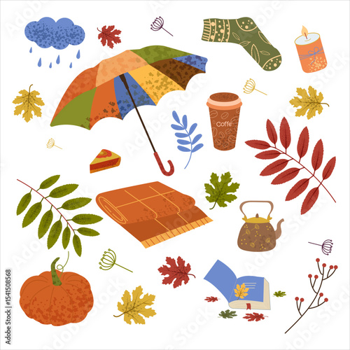 Cozy autumn seamless pattern with coffee, cake and leaves. Perfect for textile, fabric, wallpaper and scrapbook projects.  Vector illustration.

