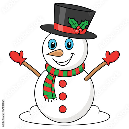 Happy cheerful snowman cartoon character wearing a top hat and festive christmas accessories