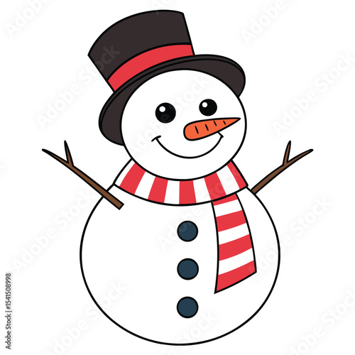 Smiling cartoon snowman wearing a top hat and festive red and white striped scarf