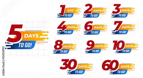 Days To Go Countdown banner template design. 1,2,3,4,5,6,7,8,9,10,20 days left countdown icon. vector 