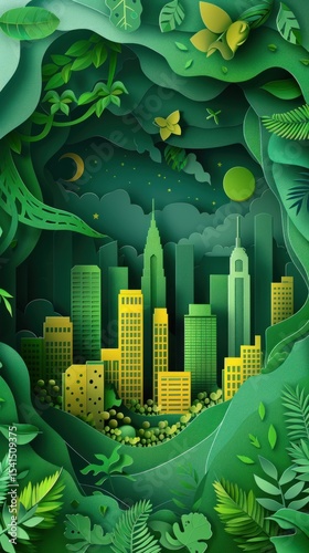 Cityscape in jungle, night view, paper cut, environmental concept