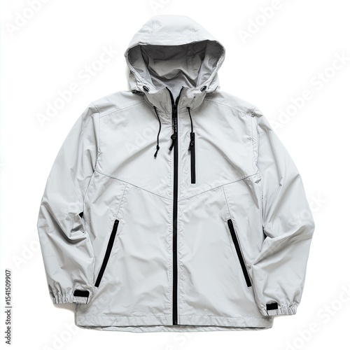 Light gray, hooded, water-resistant jacket with zipper closure, functional pockets