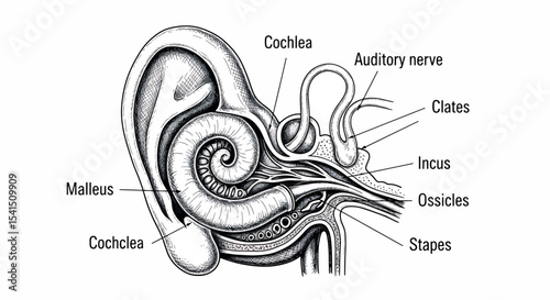 Hand Drawn Human Inner Ear Anatomy - Medical Vector Sketch