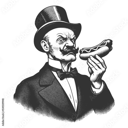 Funny serious Victorian man in a top hat closely examining a hot dog with suspicion sketch engraving generative ai fictional character vector illustration. Scratch board. Black and white image.
