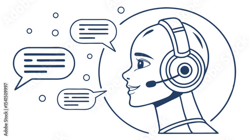 Illustration of a customer service robot with headset and speech bubbles, representing communication and ai