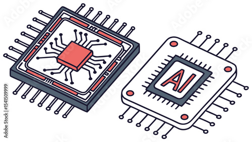 Two microchips with ai lettering and circuit connections in a digital technology illustration style