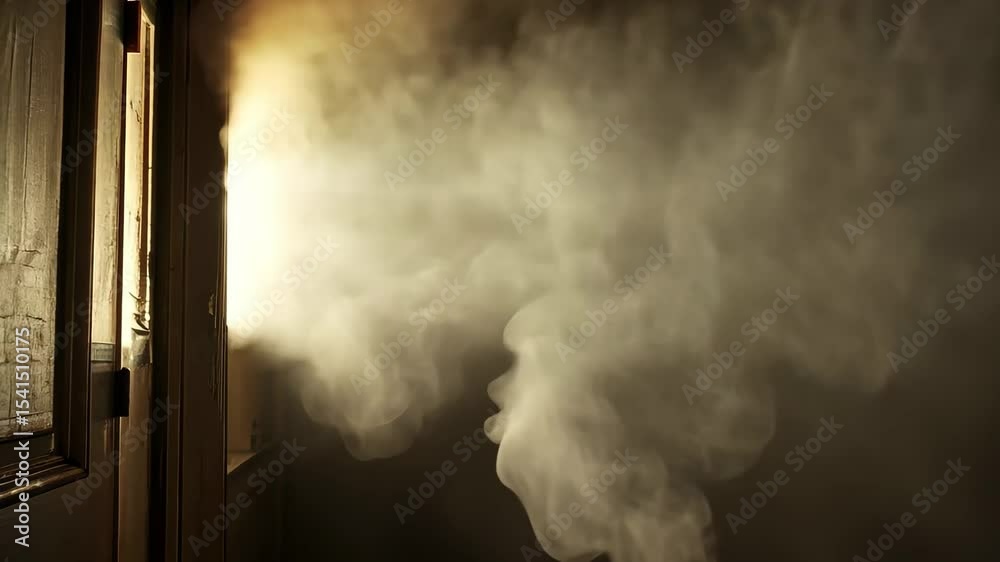Smoke fills the room as alarm sounds, revealing emergency situation at home, Passing Smoke Alarm As Smoke Fills The Room