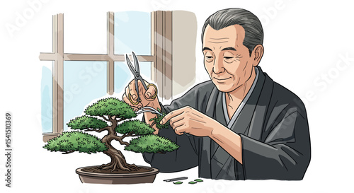 Hand Drawn Bonsai Master at Work - Zen Garden Hobby Vector