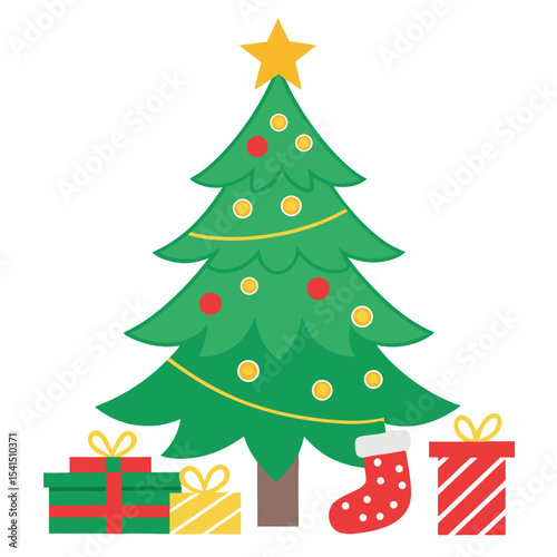 A festive christmas tree with ornaments presents and a holiday stocking design