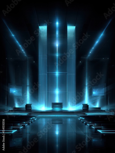 Futuristic stage with vibrant blue light