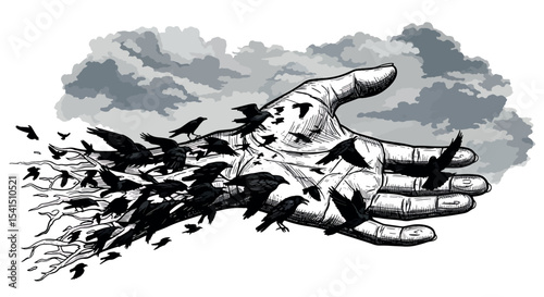Hand Drawn Fracturing Hand into Birds - Surreal Freedom Concept