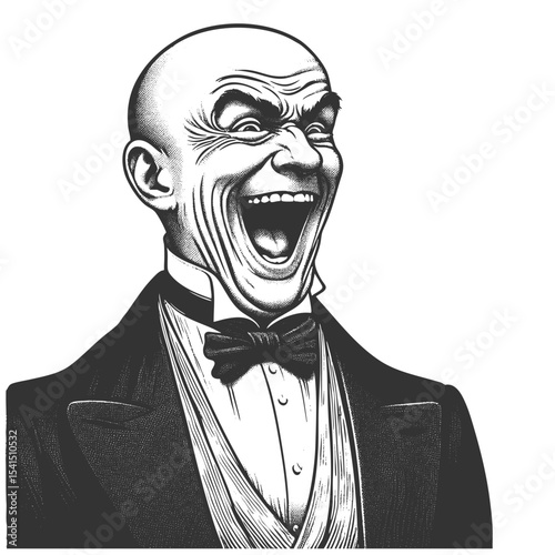 Funny bald man in formal clothing, laughing loudly with a wide open mouth and expressive joy sketch engraving generative ai fictional character vector illustration. Scratch board. Black and white.