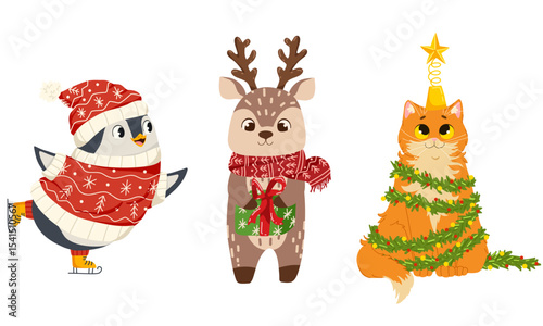 Charming Christmas character set with a cat, penguin, and deer dressed in festive clothes. A fun vector collection for stickers. Great for greeting cards, labels, gift tags, and digital graphics