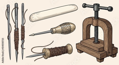 Hand Drawn Bookbinding Tools Set - Traditional Craft Vector