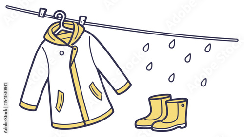 A raincoat hanging on a line with raindrops and yellow boots in a simple cartoon illustration style.