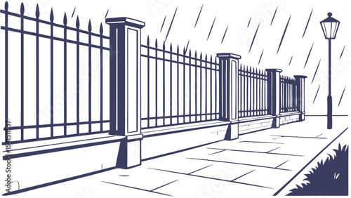 Illustration of a wrought iron fence along a sidewalk with a lamppost in the rain on a gloomy day