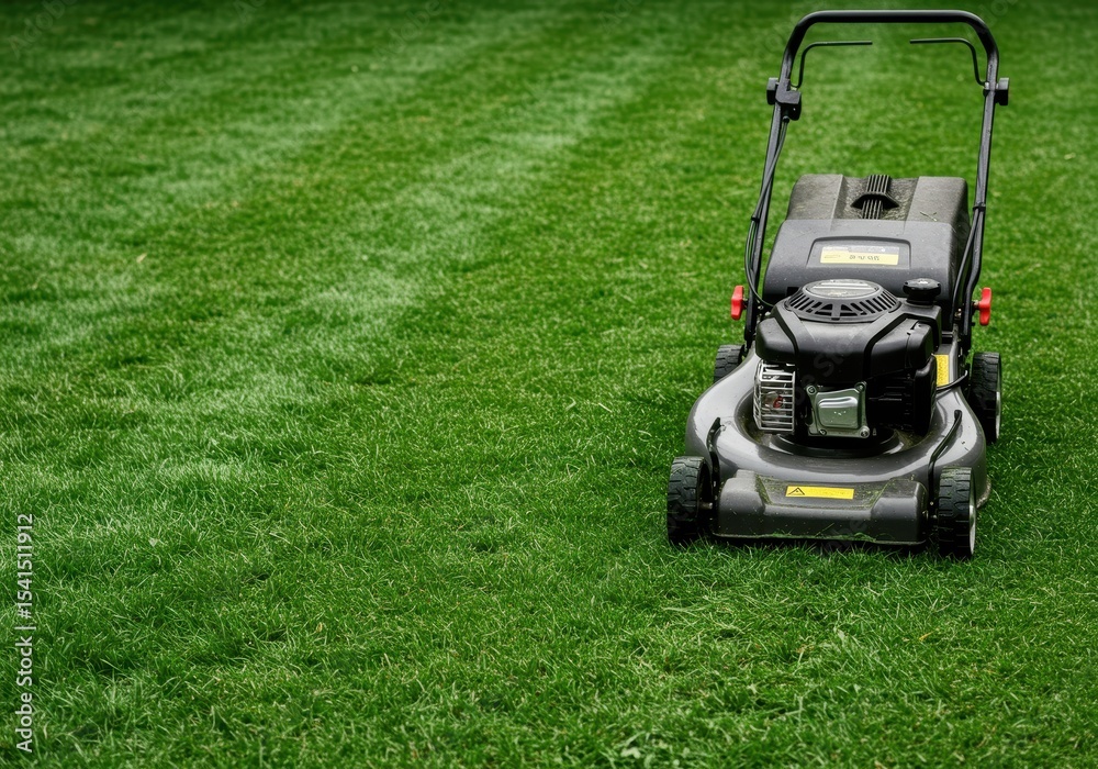 Fototapeta premium Lawnmower on green grass in a backyard, ready to cut the lawn during the summer season