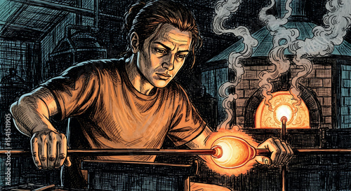 Hand Drawn Glassblower at Work - Artisan Craft Vector Sketch