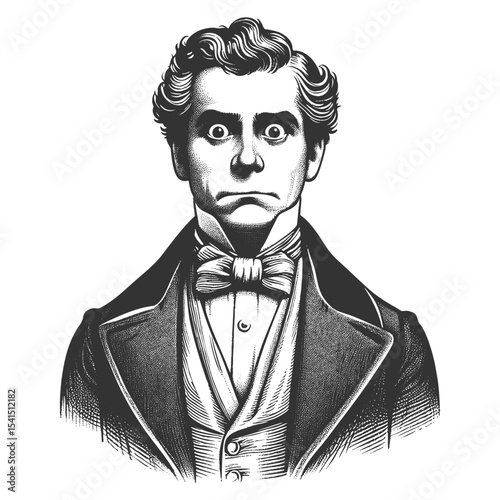 Funny Victorian-era man staring blankly ahead, wide-eyed and stunned with a frozen, awkward face sketch engraving generative ai fictional character vector illustration. Scratch board. Black and white.