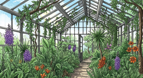 Hand Drawn Greenhouse Interior - Overgrown Botanical Vector
