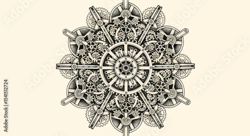 Hand Drawn Steampunk Mandala - Mechanical Geometric Vector