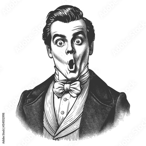 Funny shocked Victorian gentleman, exaggerated wide eyes and open mouth expression of surprise sketch engraving generative ai fictional character vector illustration. Scratch board. Black and white.