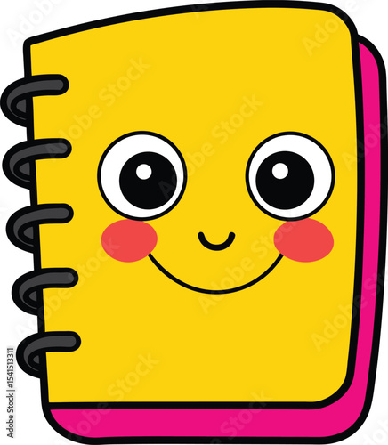 Cute Kawaii Cartoon Notebook with Smiling Face.cute cartoon school object notebook smiling face kawaii style.