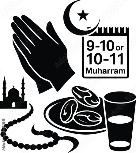 Black silhouette icon set for Muharram Ashura 9-10 or 10-11 Muharram Fasting. Solid black vector pictograms featuring symbolic elements such as prayer hands, fasting plate with dates and water glass, 
