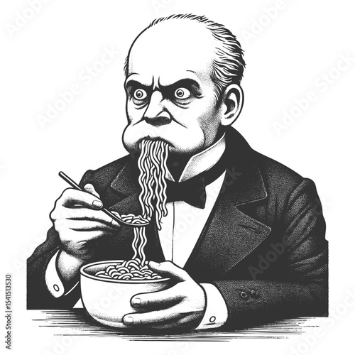 Funny wide-eyed Victorian man exaggeratedly slurping noodles from bowl with a stunned expression sketch engraving generative ai fictional character vector illustration. Scratch board. Black and white.