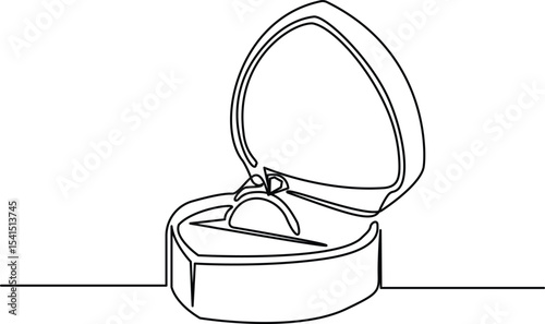 Continuous one line drawing of engagement or wedding ring in the gift box. Editable line vector