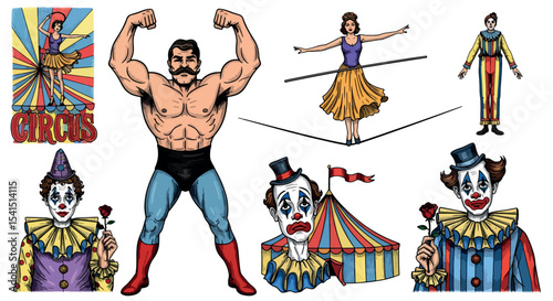 Hand Drawn Vintage Circus Performers - Retro Carnival Characters