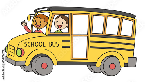 Illustration of a yellow school bus with two children waving from the windows on a white background