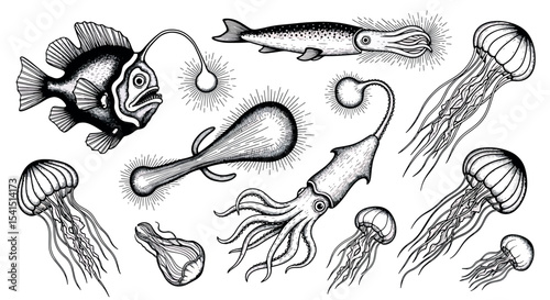 Hand Drawn Bioluminescent Sea Creatures - Deep Ocean Vector Set