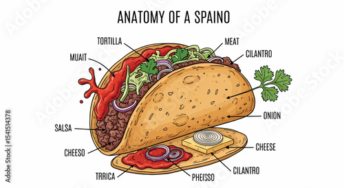 Hand Drawn Anatomy of a Taco - Mexican Food Infographic Sketch