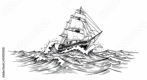 Hand Drawn Ship in a Storm - Dramatic Nautical Vector Sketch