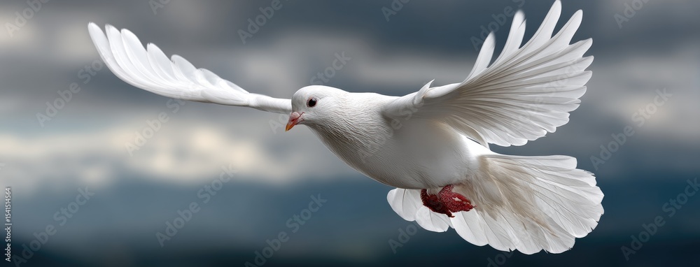 Fototapeta premium A white dove glides elegantly against a calming blue sky adorned with soft clouds, symbolizing peace and freedom