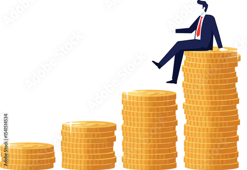 Financial Success Depicted a Businessman Sitting on Coin Stacks Representing Financial Growth and Career Advancement